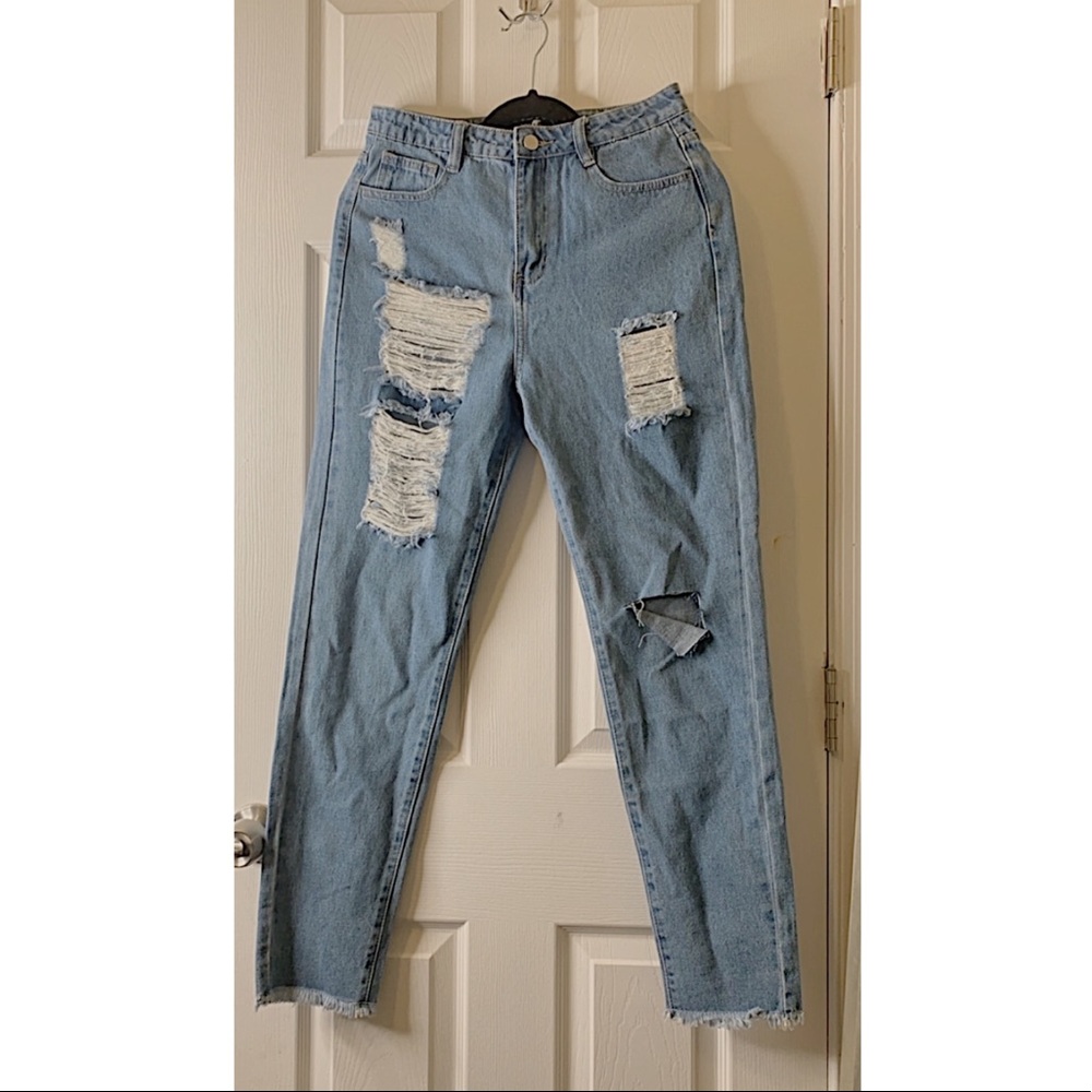 Ripped High Rise Straight leg jeans Mid Blue-8